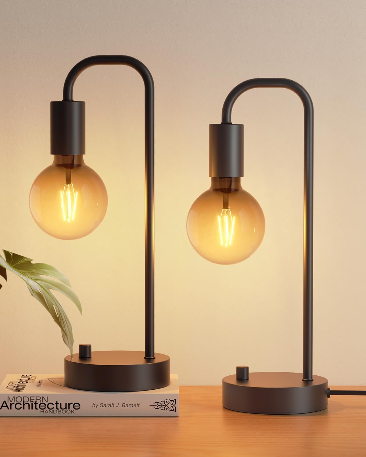 Juego de 2 lámparas de mesa industriales, totalmente regulables con bombilla LED de arte negro degradado, lámpara de escritorio moderna para