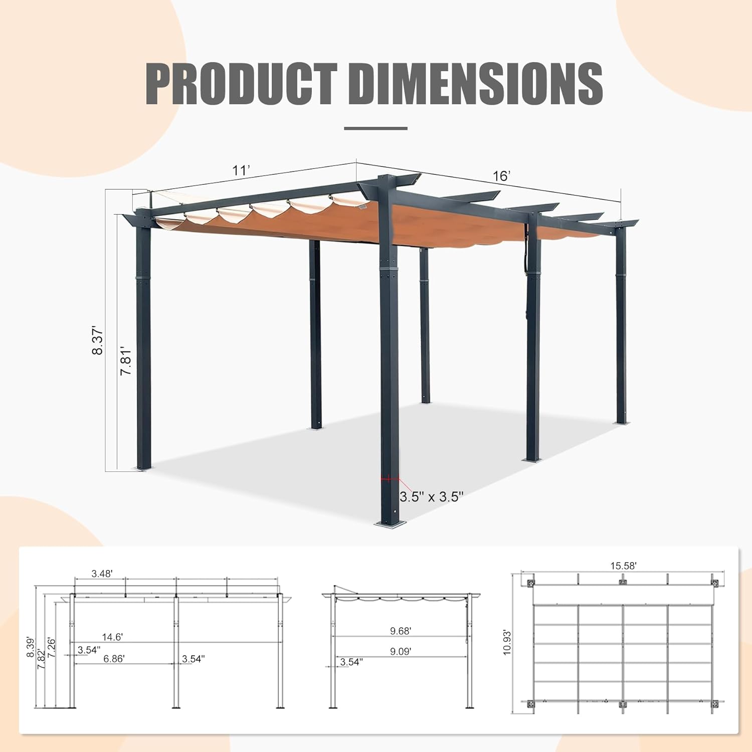 Domi – Pérgola retráctil para exteriores de 11 x 16 pies con toldo para sombra, pérgolas de aluminio y cenadores, toldo de pérgola de metal para