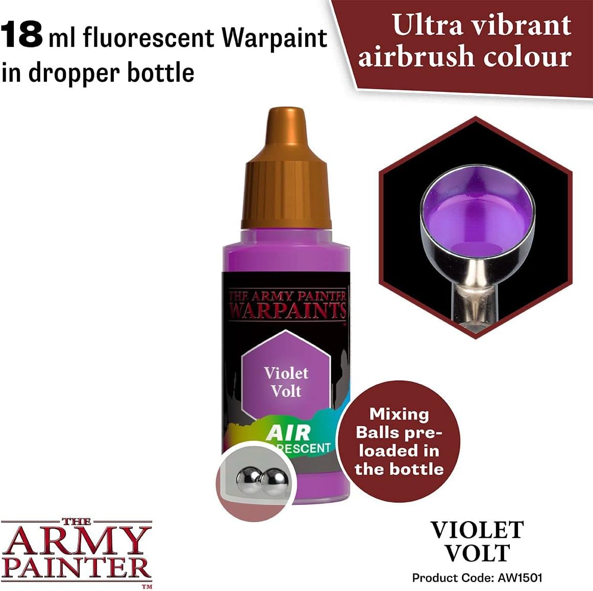 The Army Painter Warpaint Air Fluorescent Violet Volt  Pintura acrílica no tóxica a base de agua muy pigmentada para juegos de rol de mesa, juegos