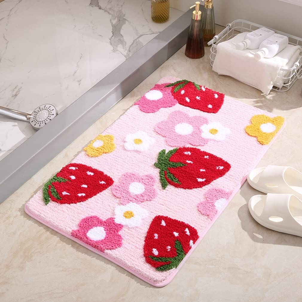 Tapete de baño suave y acogedor con diseño de fresa, antideslizante, lavable, lanudo para dormitorio, tapete absorbente de flores, tapete para