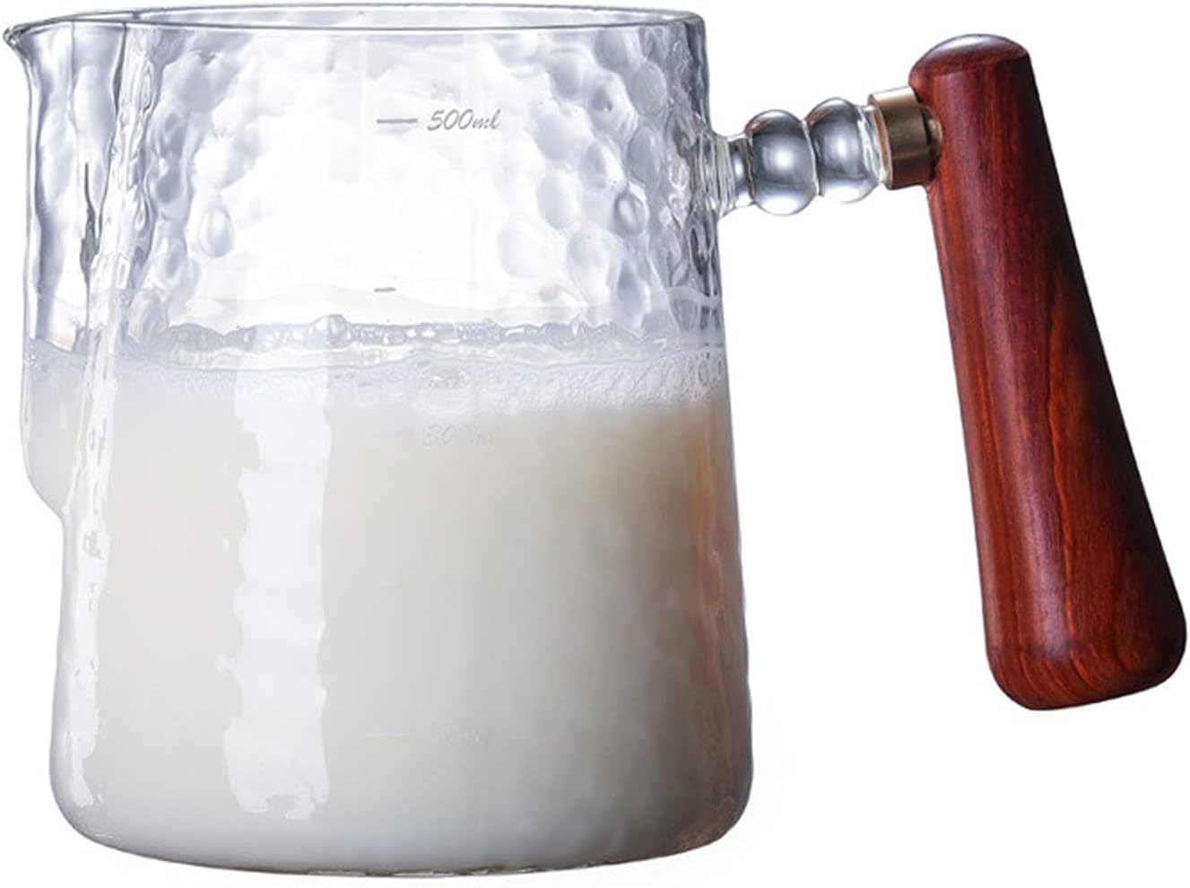 Jarra de espuma de leche, taza medidora de vidrio duradera con asa de boquilla única, jarra de espuma de 17.6 onzas, jarra de espuma al vapor, olla