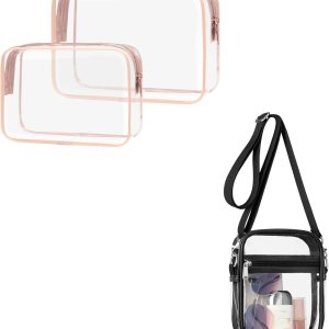 PACKISM Paquete de 2 bolsas de aseo aprobadas por la TSA y bolsa transparente aprobada por el estadio, venta de paquetes, 1 mediano, 1 rosa grande y PACKISM Paquete de 2 bolsas de aseo aprobadas por la TSA y bolsa transparente aprobada por el estadio, venta de paquetes, 1 mediano, 1 rosa grande y