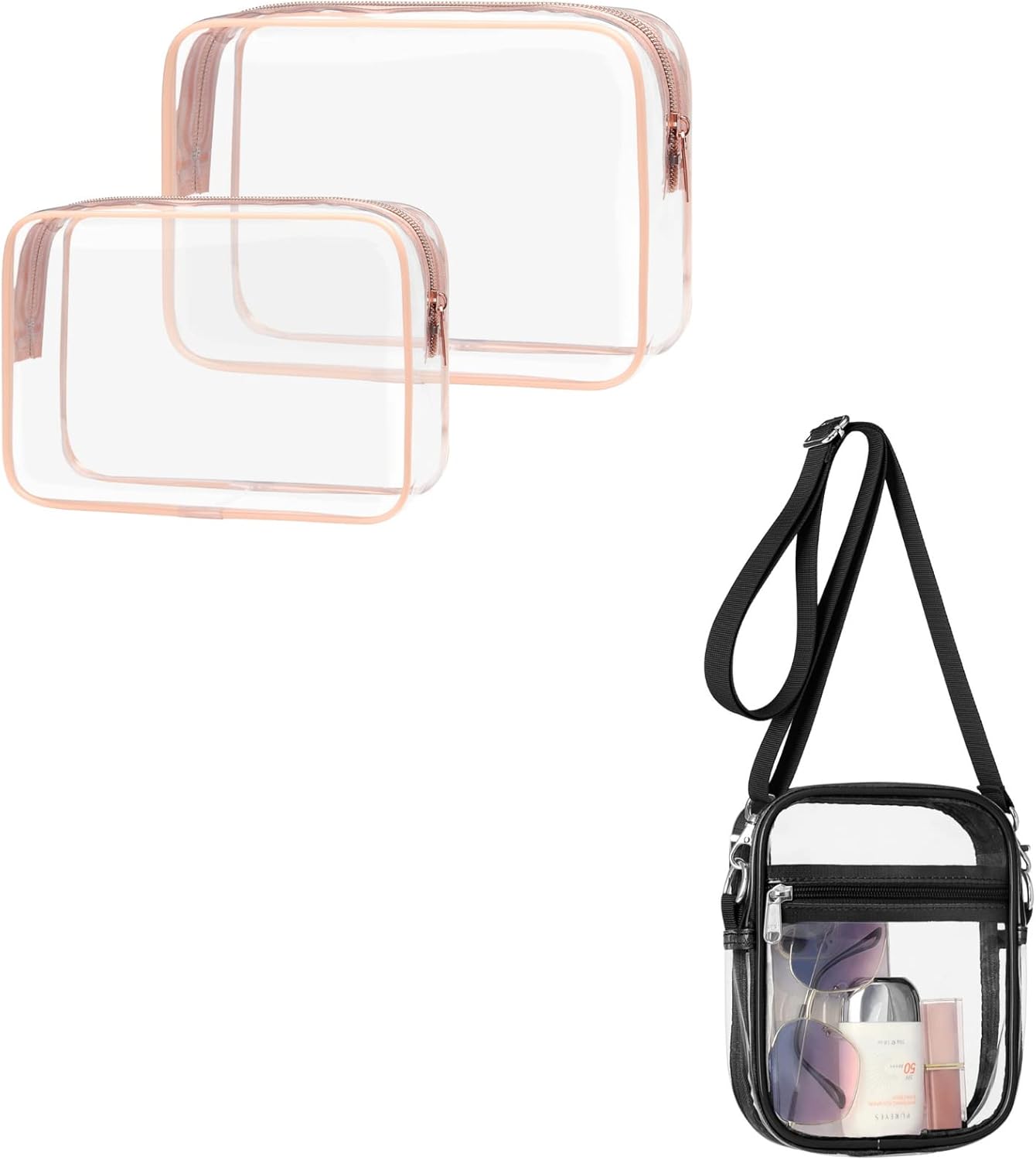 PACKISM Paquete de 2 bolsas de aseo aprobadas por la TSA y bolsa transparente aprobada por el estadio, venta de paquetes, 1 mediano, 1 rosa grande y