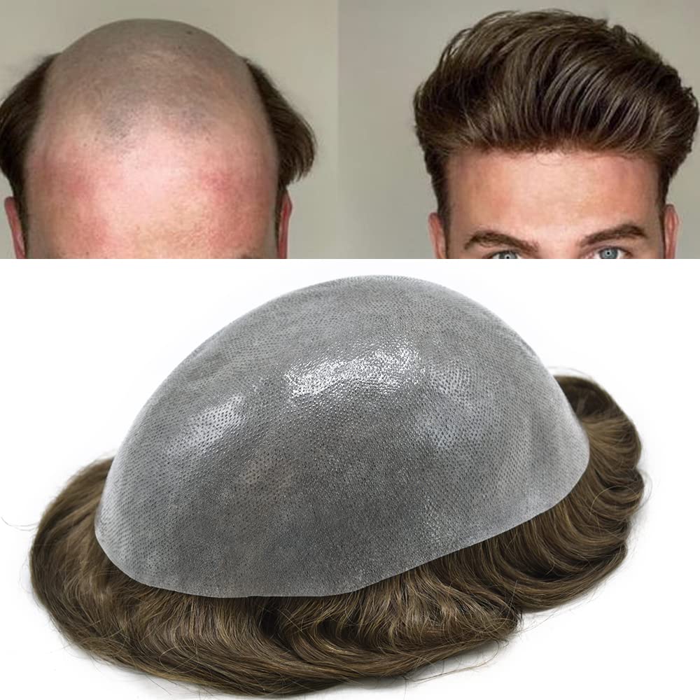 Toupee para hombres, piezas de cabello humano real, piel de polietileno, sistema de reemplazo de postizo para hombre, unidad de pelo de poliuretano