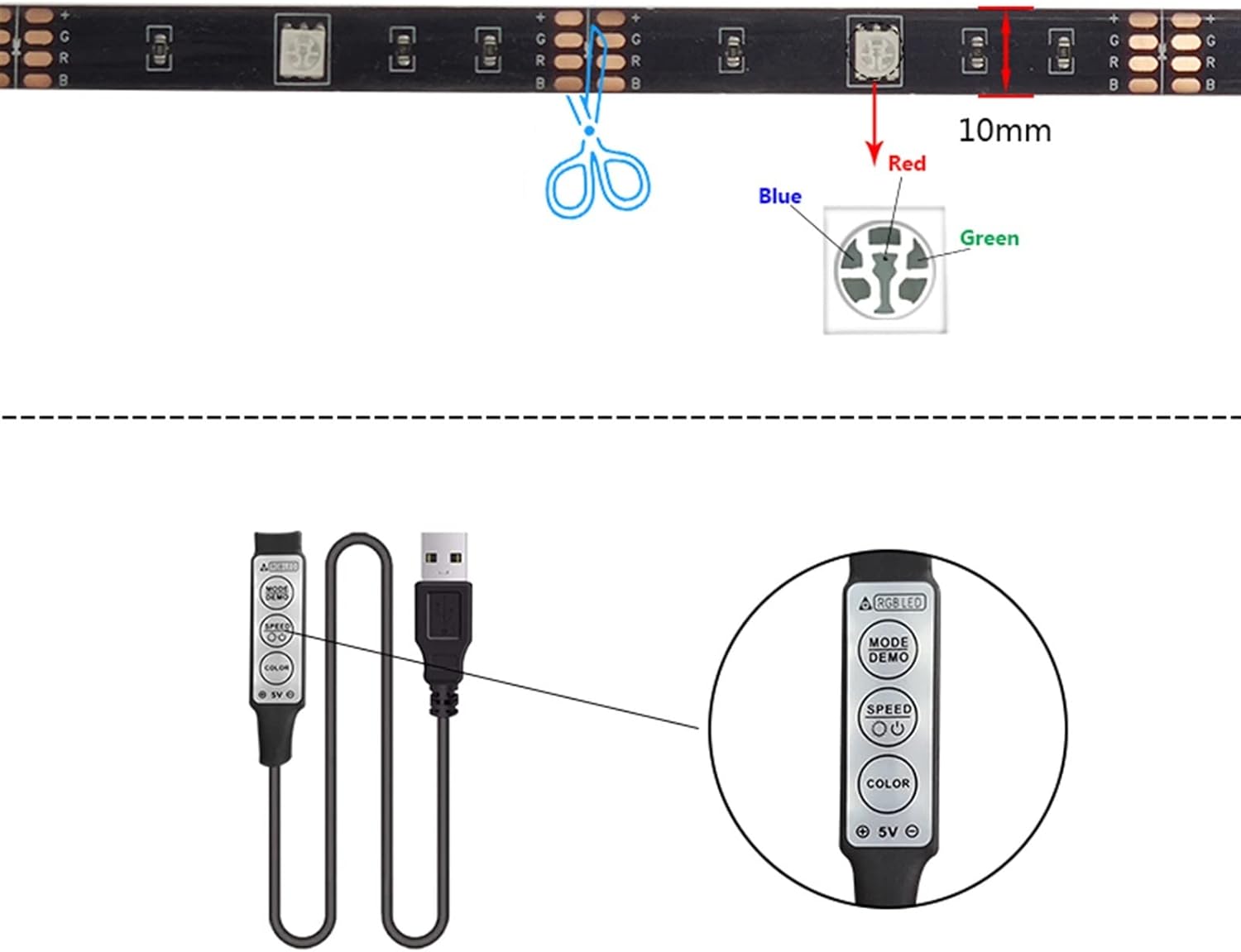 Fengyan – Luces de paisaje de 16.4 ft, tira LED RGB USB 5050, lámpara flexible infrarroja DC5V, luces LED para sala de estar, luz de fondo de TV,