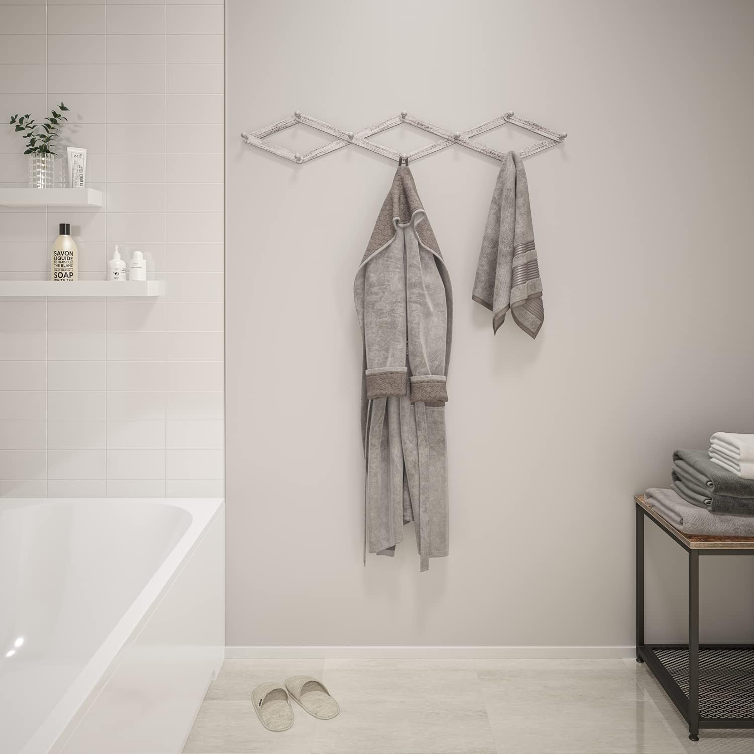 Ballucci Perchero expandible para montaje en pared, estilo acordeón ajustable, 10 clavijas, color blanco cepillado