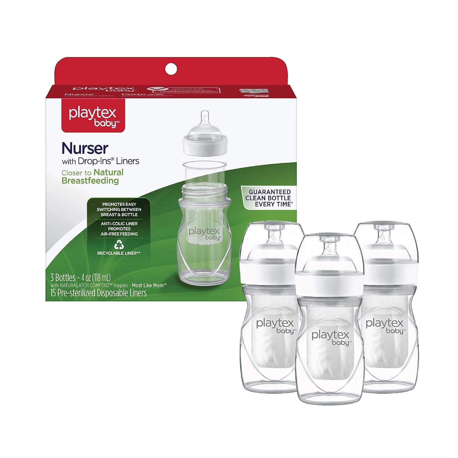 Playtex Baby Biberón anticólico con forros desechables preesterilizados, más cerca de la lactancia, botellas de 4 onzas, 3 unidades