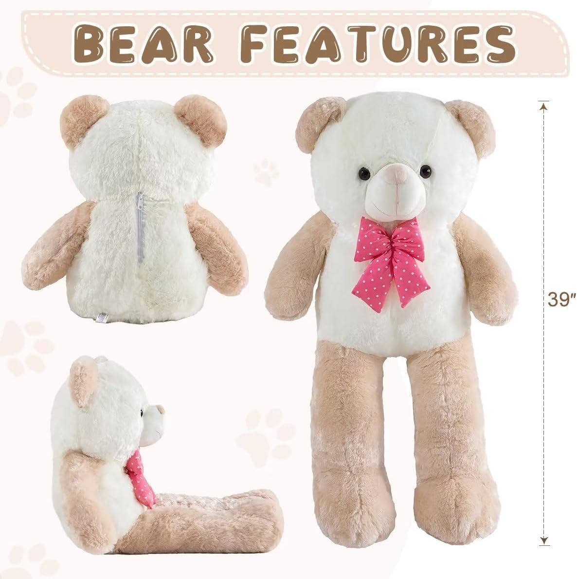 Oso de peluche gigante de 39 pulgadas, gran oso de peluche, juguete de peluche para niñas, enormes peluches para Pascua, cumpleaños, boda