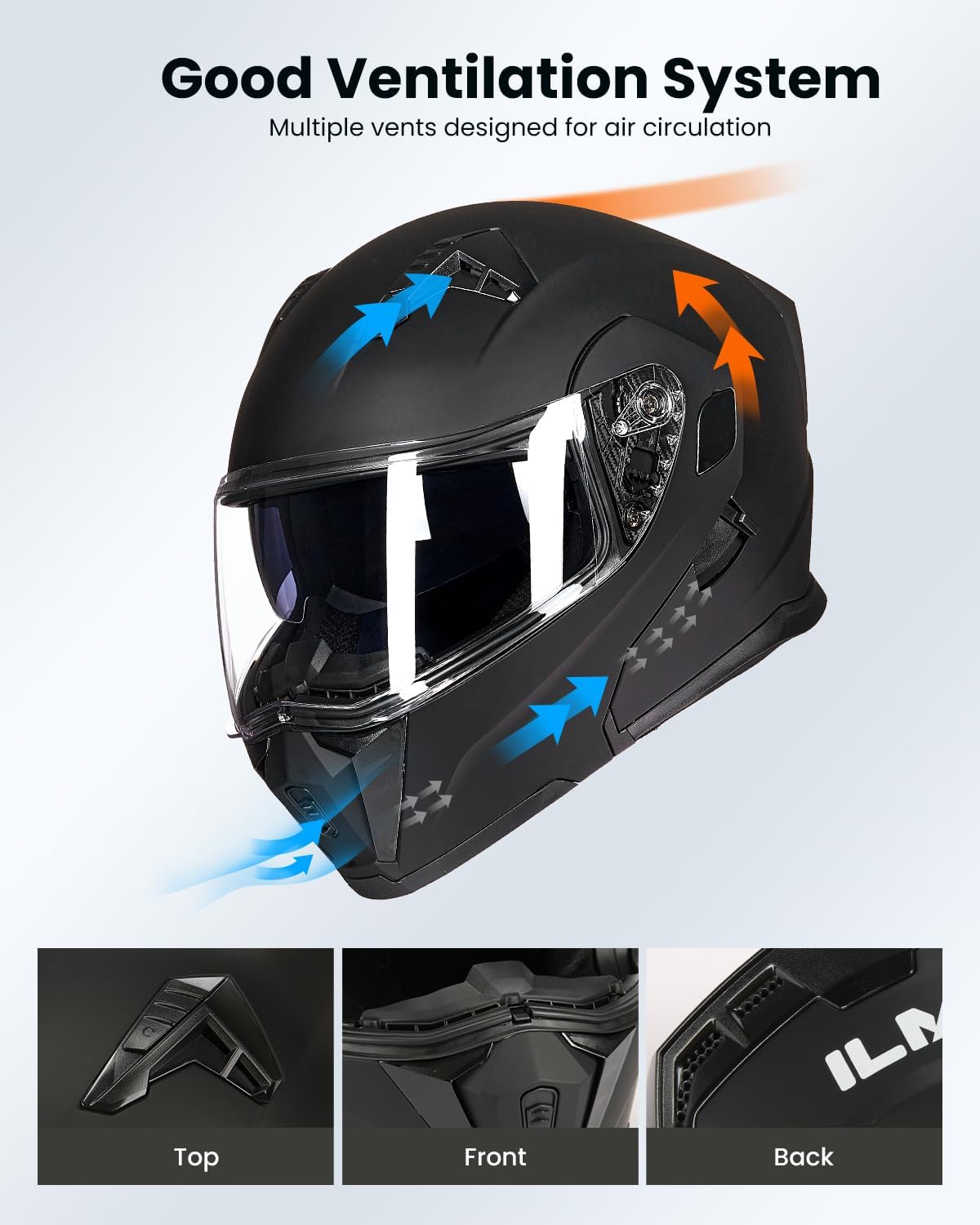 ILM Casco modular de cara completa para motocicleta, para adultos, doble visera, luz trasera LED, opcional DOT