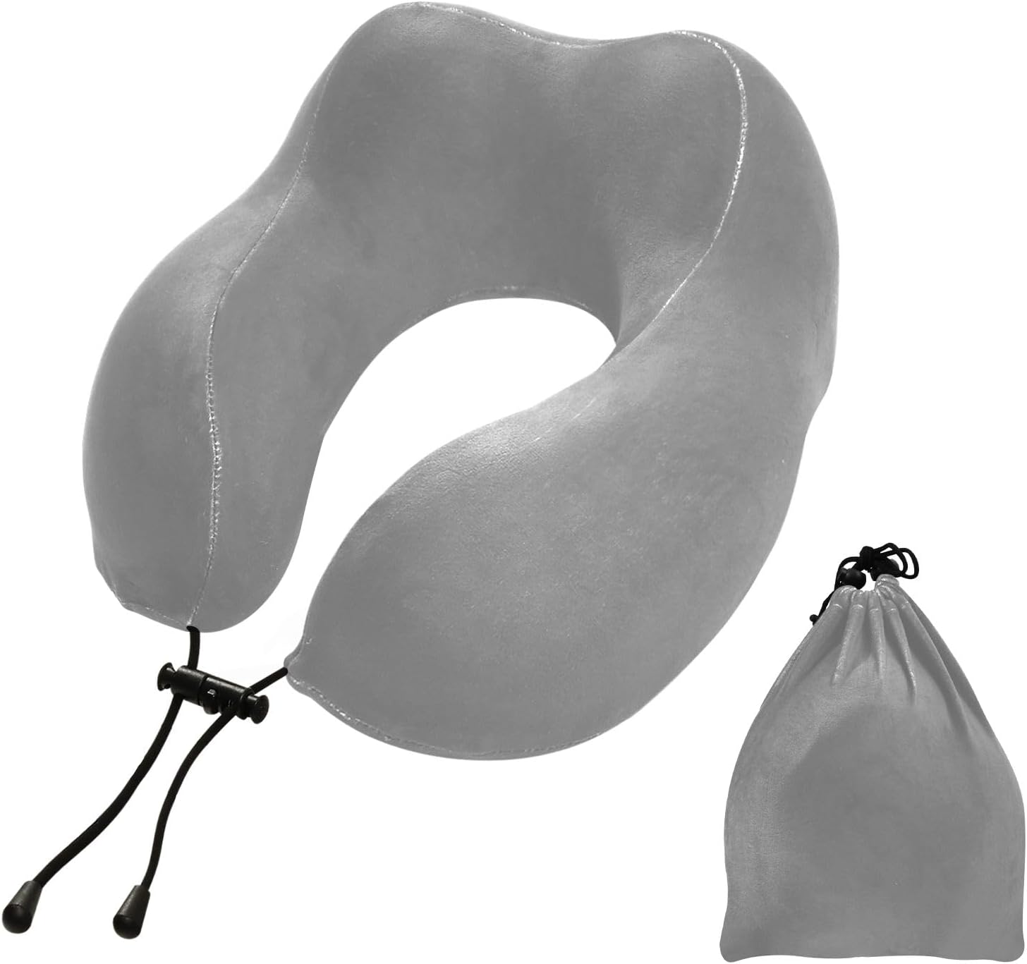Almohada en forma de U de espuma de memoria gris, con bolsa de almacenamiento con cordón, almohada para el cuello, viaje en avión
