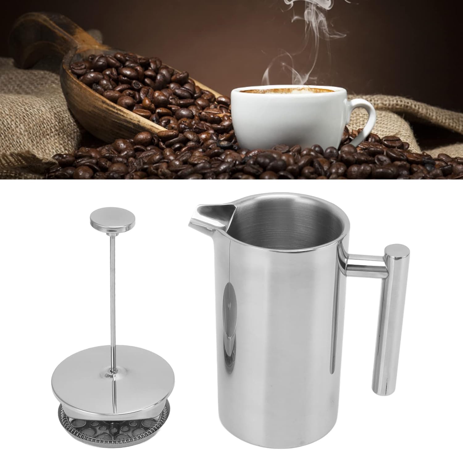 Prensa de café aislada de acero inoxidable con pantallas, cafetera de prensa francesa, libre de óxido, apta para lavavajillas, tetera de doble pared