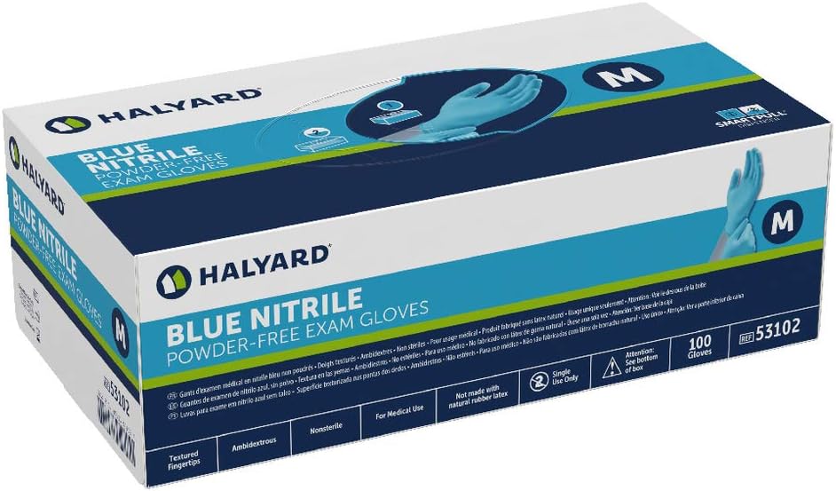HALYARD Blue Nitrile Exam Gloves, Powder-Free, Non-Sterile, 5.9 mil, 9.5″, Blue