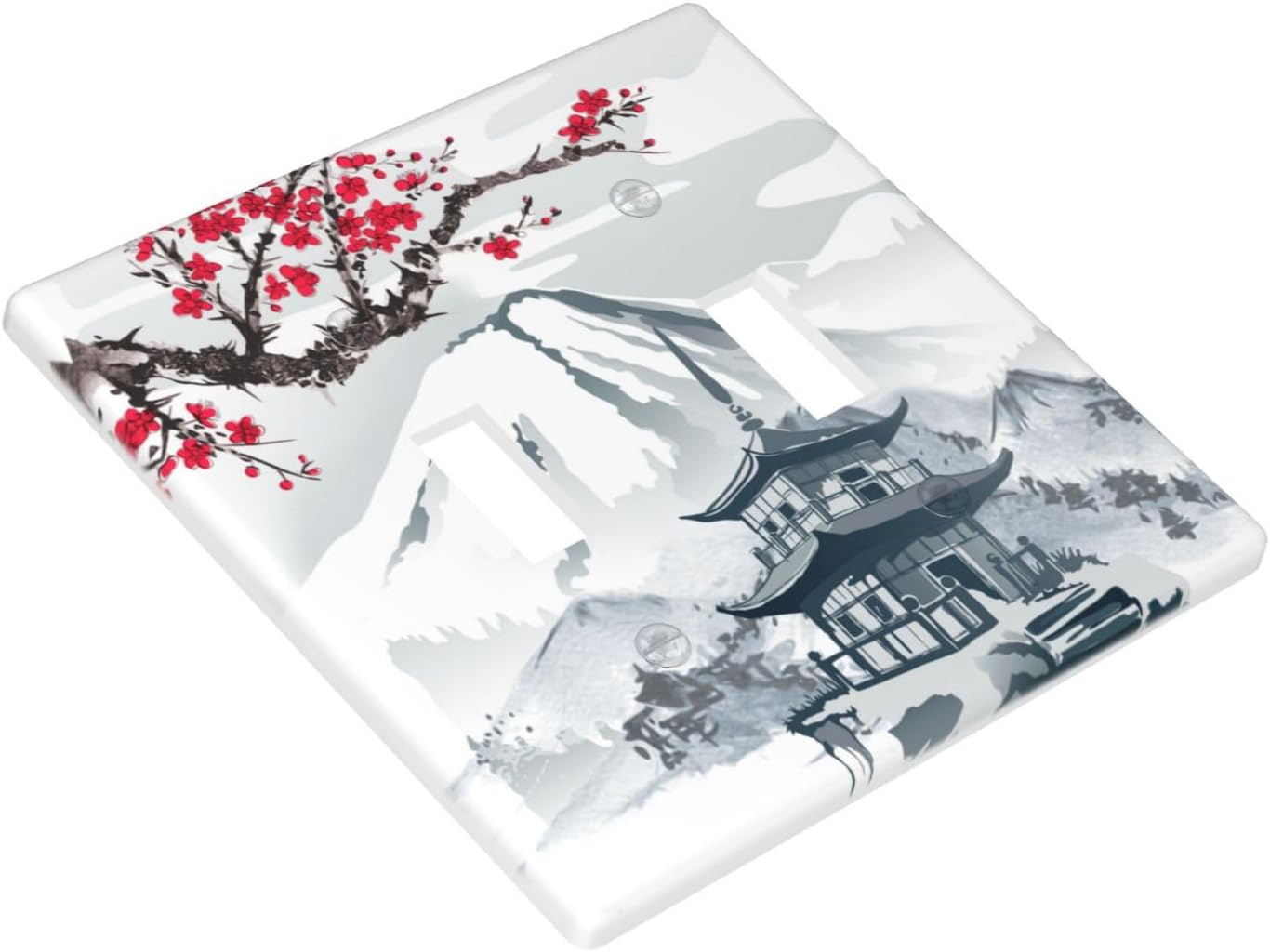 Placa de pared para interruptor de luz de palanca, torre de montaña con diseño de cerezo japonés, cubierta de doble interruptor, tamaño de 2 bandas,