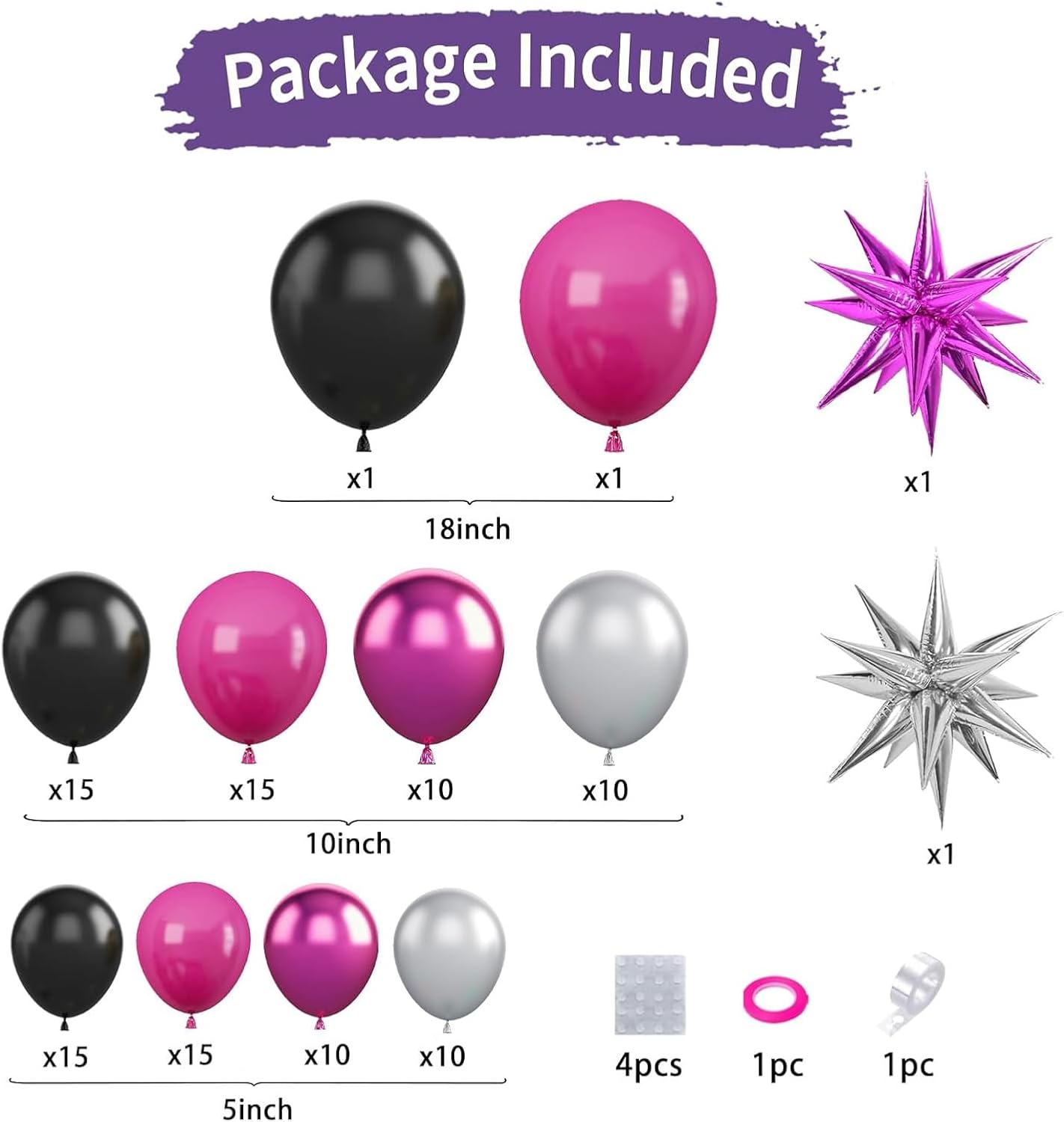 Kit de arco de guirnalda de globos negros y rosados, arco de globos de color rosa intenso y plateado con globos de estrella para niñas, cumpleaños,