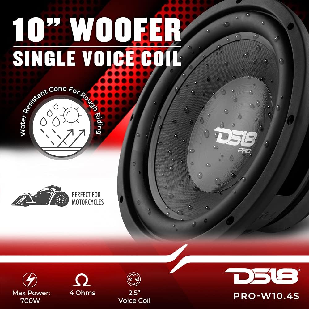 DS18 PRO-W10.4S – Altavoz woofer de 10 pulgadas, cono resistente al agua, 700 W de potencia máxima, 4 ohmios SVC, perfecto para aplicaciones de