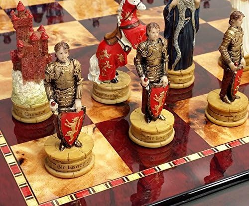 Medieval Times King ArthurSir Lancelot Camelot Knights – Juego de ajedrez con tablero de color cereza brillante de 18 pulgadas y madera de Burlwood