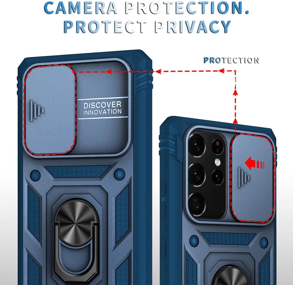 Funda para Samsung Galaxy S21 Ultra con cubierta deslizante para cámara y ranura para tarjeta y soporte de anillo, a prueba de golpes, grado