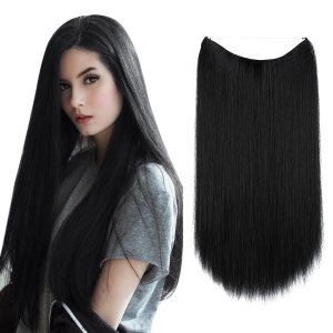Sarla – Extensiones de hilo color negro extensión tipo halo de pelo sintético lacio y largo para mujer con alambre invisible sin clip fibra Sarla – Extensiones de hilo color negro extensión tipo halo de pelo sintético lacio y largo para mujer con alambre invisible sin clip fibra