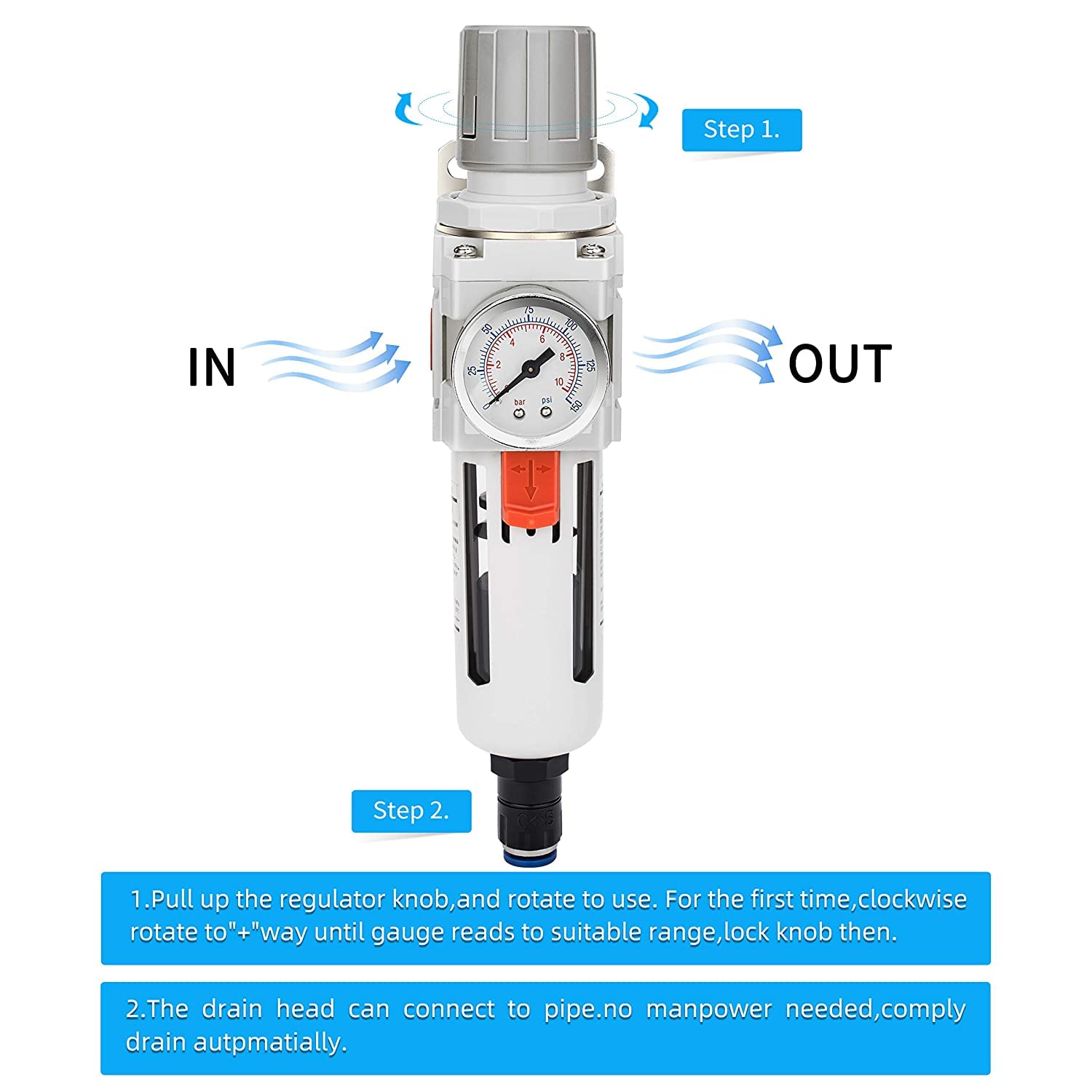 NANPU Regulador de filtro de aire comprimido NPT de 12 pulgada combinado a cuestas, drenaje automático, elemento de latón de 5 micrones, cuenco de