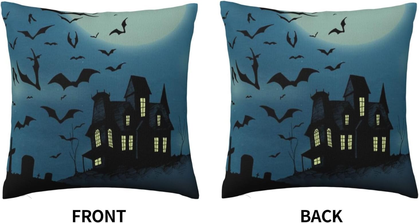 Funda de almohada de 18 x 18 pulgadas, decoración de fiesta de Halloween, sofá, almohada de caricatura, murciélago y calabaza