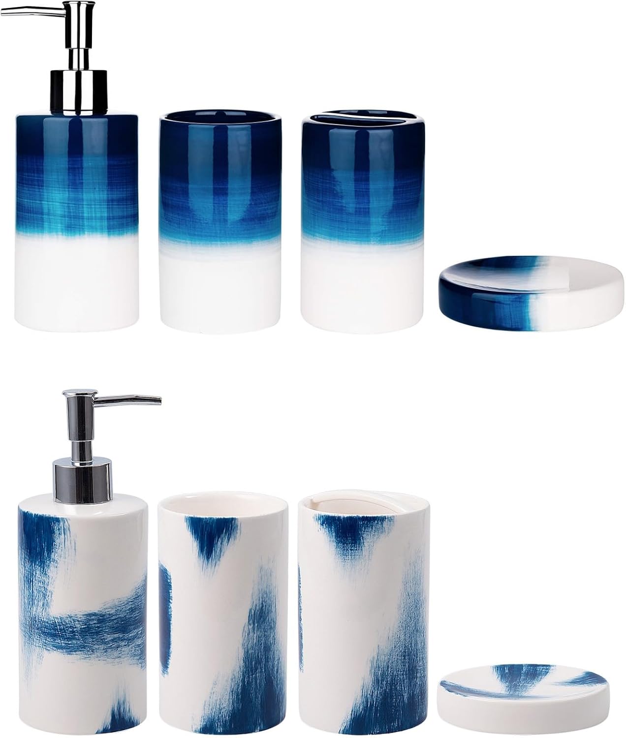 Juego de accesorios de baño azul y blanco  Juegos completos de accesorios de baño incluye dispensador de jabón, soporte para cepillo de dientes,