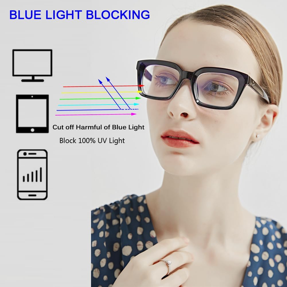 2 pares de anteojos de lectura de gran tamaño para mujeres y hombres, lentes de lectura cuadrados con bloqueo de luz azul grande para mujeres con