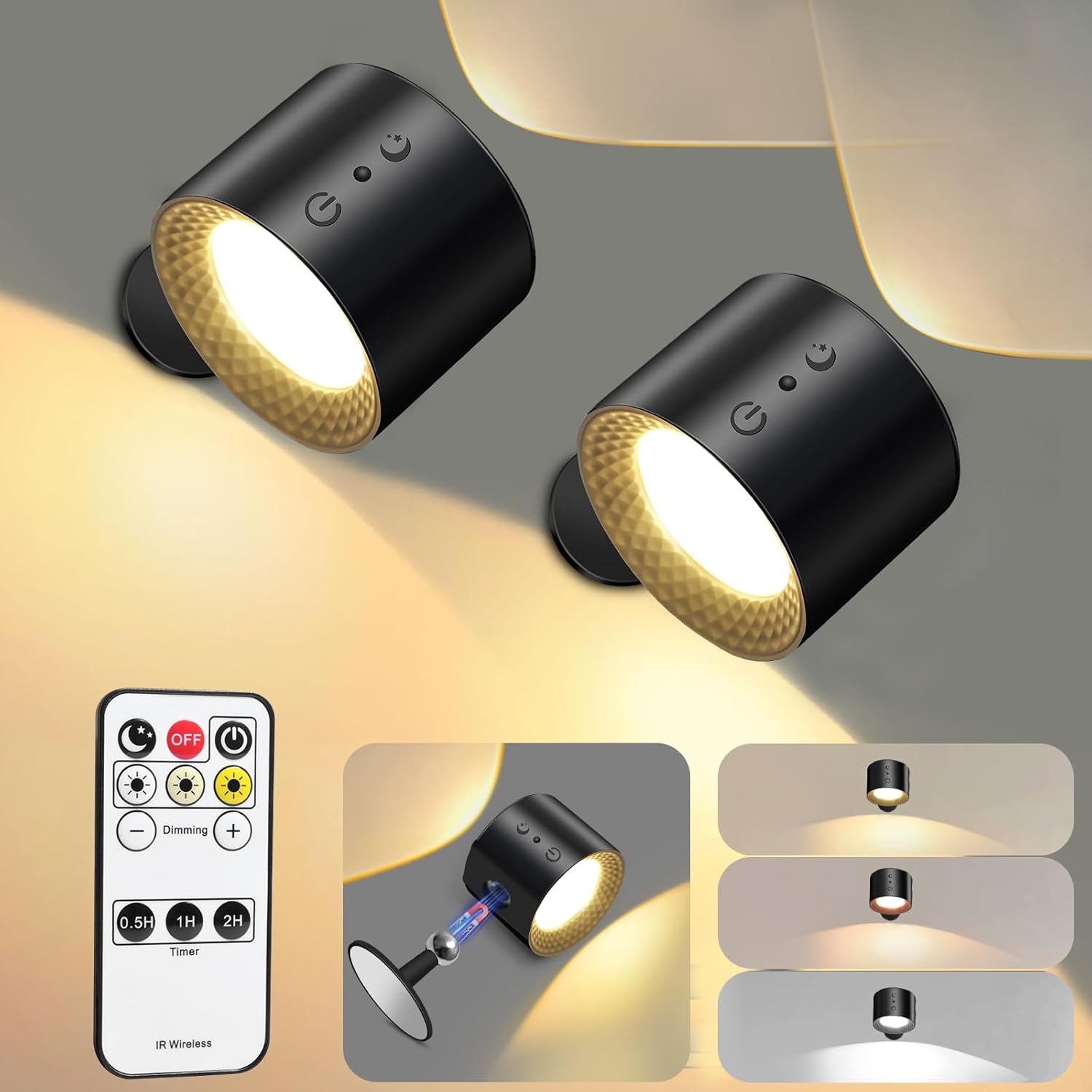 Sunxiner Juego de 2 apliques de pared que funcionan con pilas, luces LED recargables inalámbricas para sala de estar, dormitorio, aplique de pared