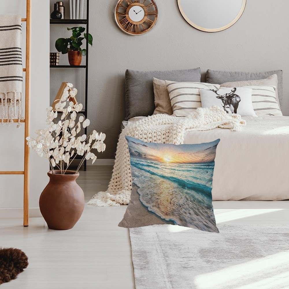 HOSNYE Seaside Wave – Funda de almohada de lino y algodón con diseño de océano tropical, playa, mar, puesta de sol, atardecer, azul, arena, verano,