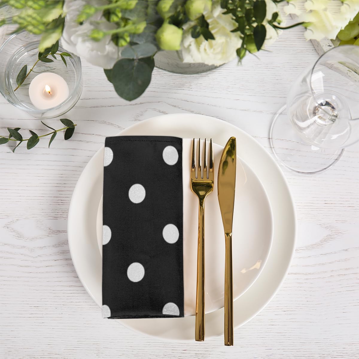 Juego de 6 servilletas de tela de lunares blancos y negros de 20 x 20 pulgadas, lavables y reutilizables, servilletas de cocina, decoración de mesa