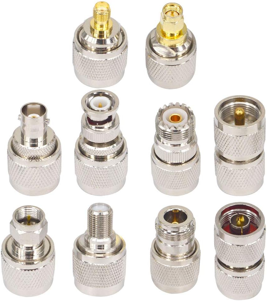 Boobrie Juego de conectores coaxiales de RF de 10 Uds. Kit de adaptador UHF macho UHF a FUHF a BNCUHF a NUHF a SMA Adaptador UHF Conector de cable