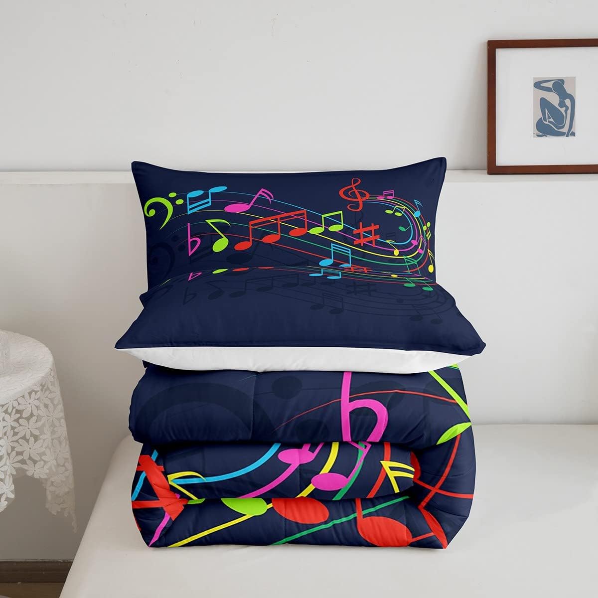 Feelyou Juego de ropa de cama con diseño de arco iris, juego de edredón para niños, niñas, decoración de notas musicales, edredón de microfibra con