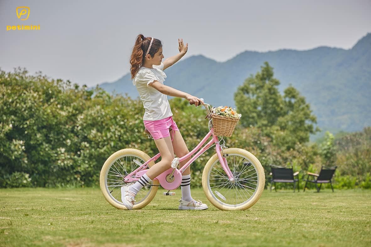 Petimini Bicicleta para niñas con cesta para niños de 2 a 12 años, bicicleta de 12, 14, 16, 18 y 20 pulgadas, con ruedas de entrenamiento de