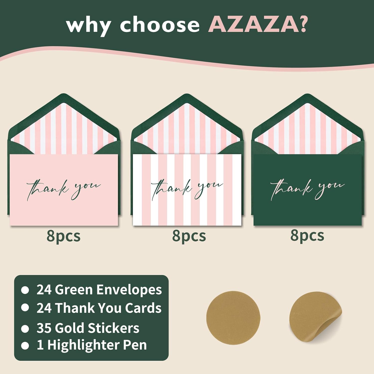 AZAZA Tarjetas de agradecimiento con sobres de diseño a rayas, paquete de 24 tarjetas de agradecimiento a granel de 4 x 6 pulgadas, tarjetas de