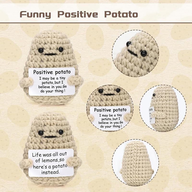 Mini divertida patata positiva con base de madera, juguete de papa de punto de 3 pulgadas con tarjeta positiva creativa linda lana positiva muñeca