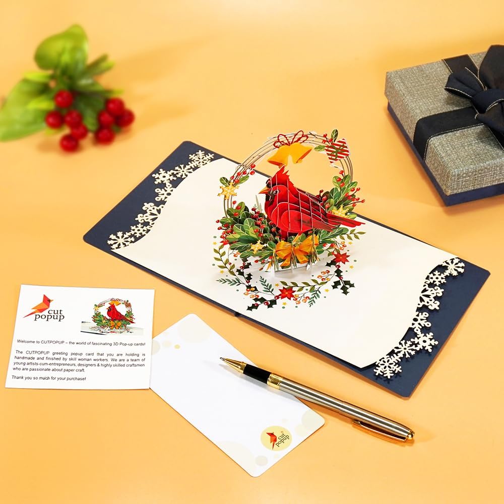 CUTPOPUP – Tarjeta de felicitación con diseño de cardenal, Feliz Navidad, Navidad 3D, Año Nuevo, tarjeta de felicitación (cesta de cardenal)