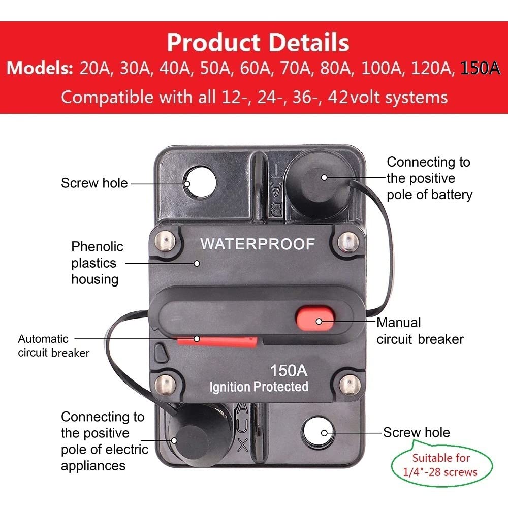 ANJOSHI Disyuntor de 150 amperios con reinicio manual para automóvil, camión, RV, ATV, motores marinos, sistema de audio de barco, protección contra