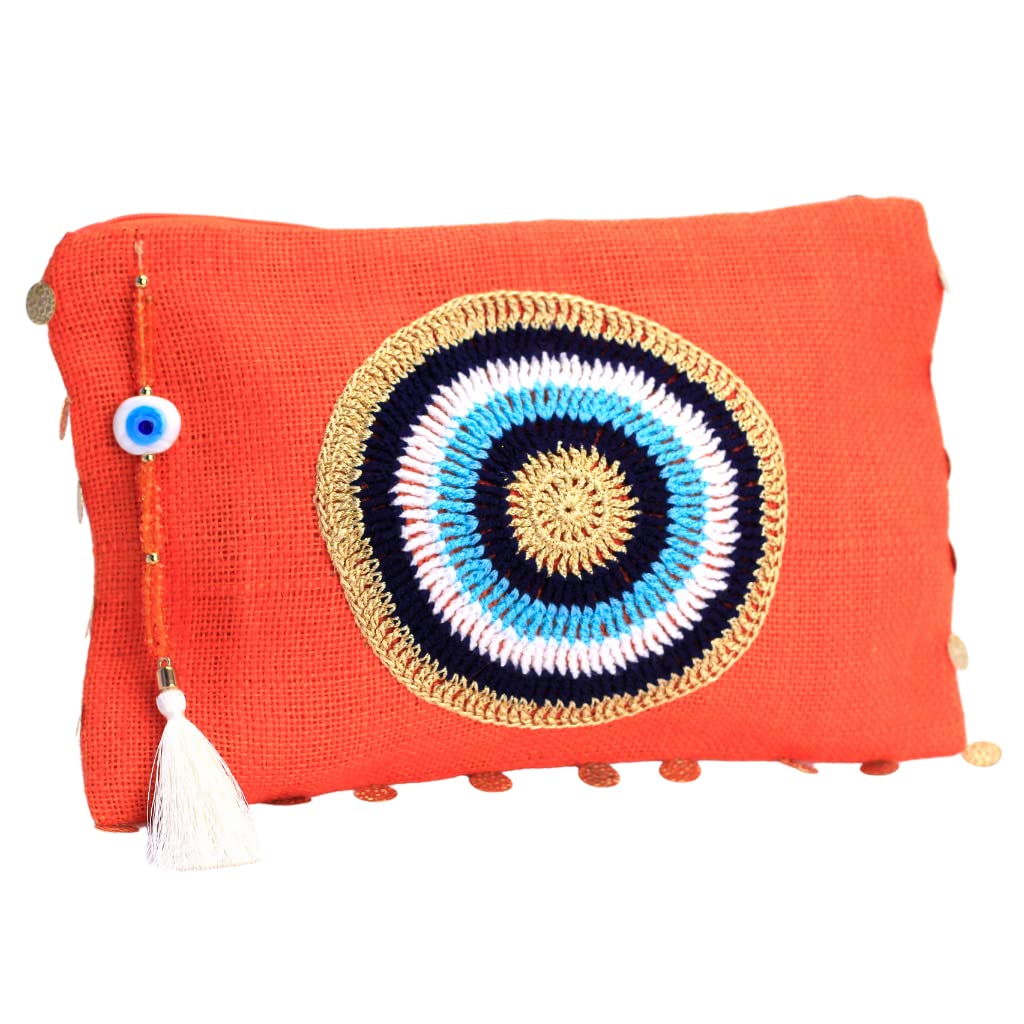 KarensLine Handmade Evil Eye Jute Pouch Bag Orange Summer Beach Bag Zipper Closure Gift Bag