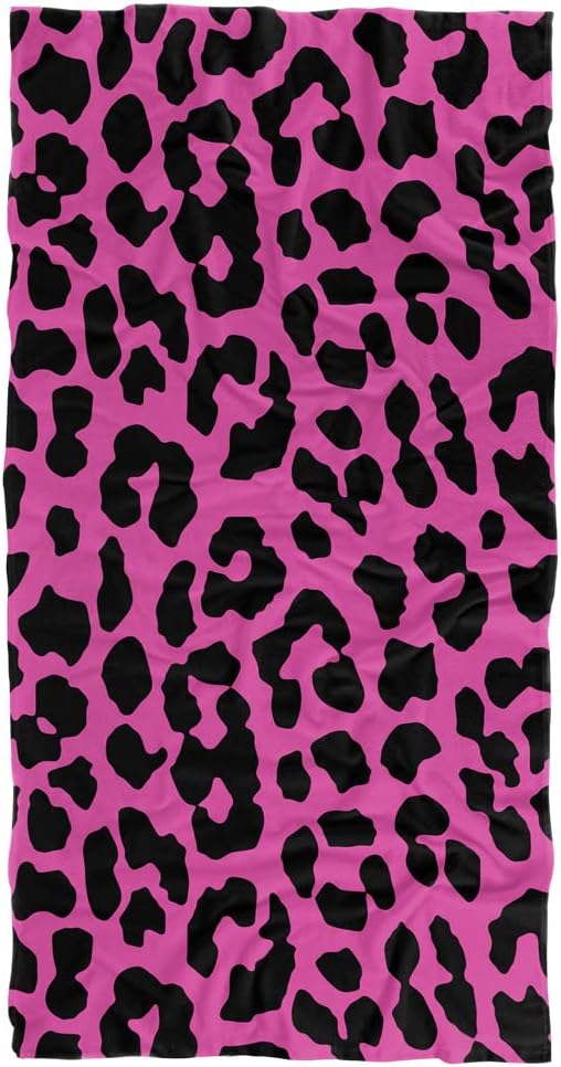 LOGOVISION Toalla de playa rosa y negra con estampado de leopardo 30″ X 60″
