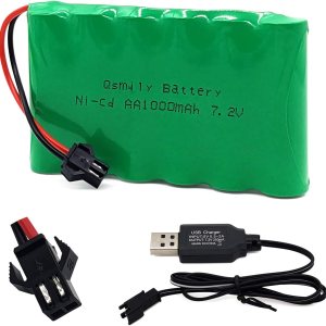 Qsmily Batería RC de 7.2 V, conector SM, batería recargable de Ni-Cd de 1000 mAh con cable de carga, adecuada para camión RC, camión de construcción Qsmily Batería RC de 7.2 V, conector SM, batería recargable de Ni-Cd de 1000 mAh con cable de carga, adecuada para camión RC, camión de construcción