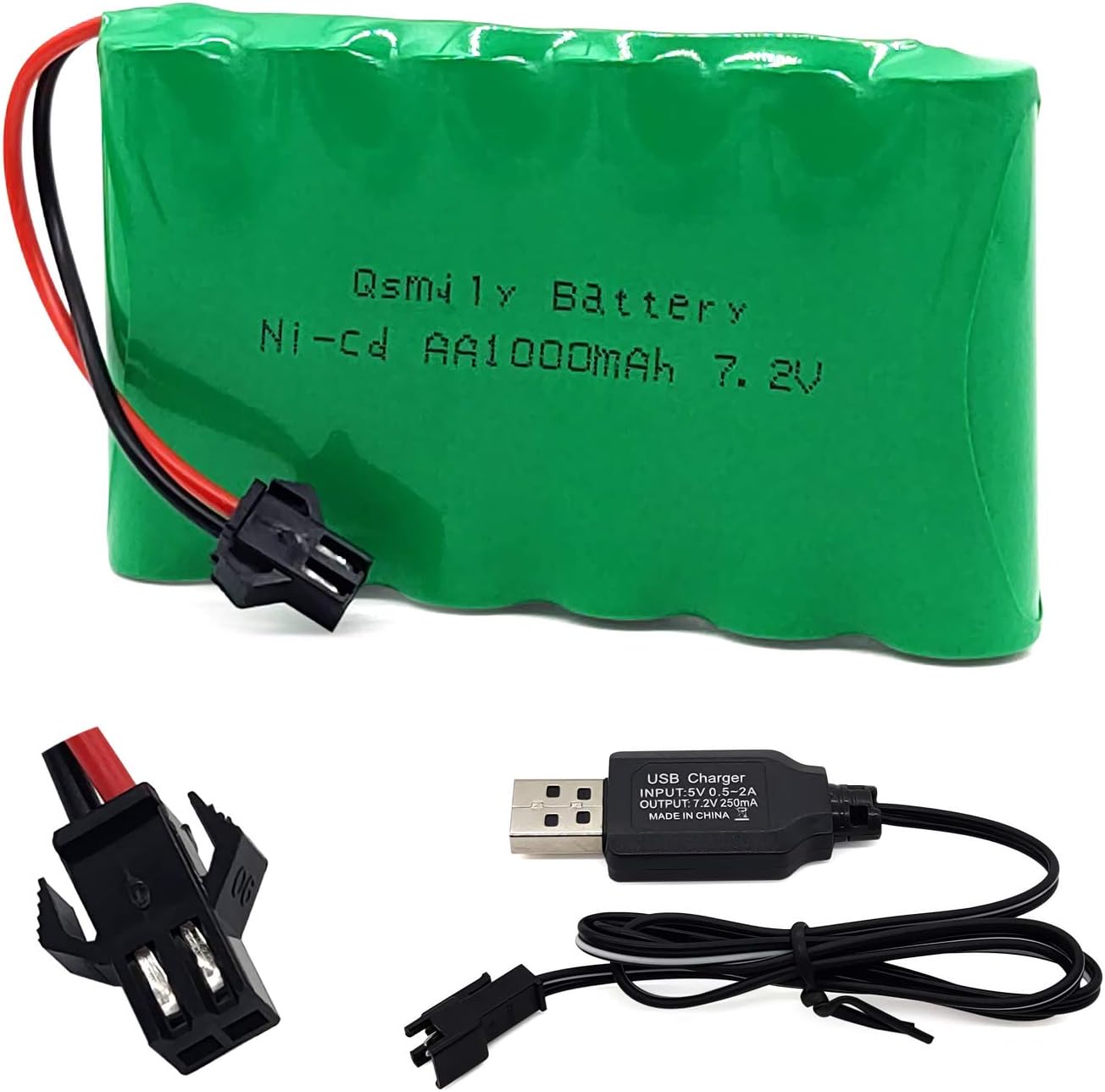 Qsmily Batería RC de 7.2 V, conector SM, batería recargable de Ni-Cd de 1000 mAh con cable de carga, adecuada para camión RC, camión de construcción