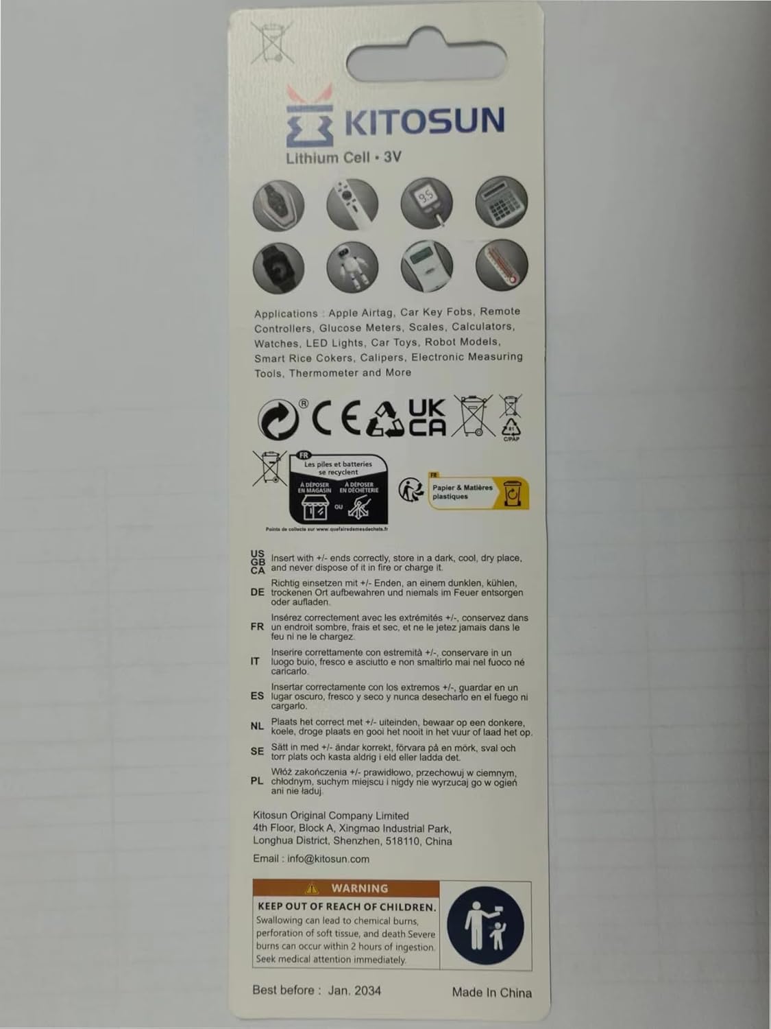 KITOSUN CR1620 – Batería de litio de 3 V  Reemplazo de baterías de botón de celda de litio CR 1620 premium para Mazda Toyota, Lexus, Honda, Accord,