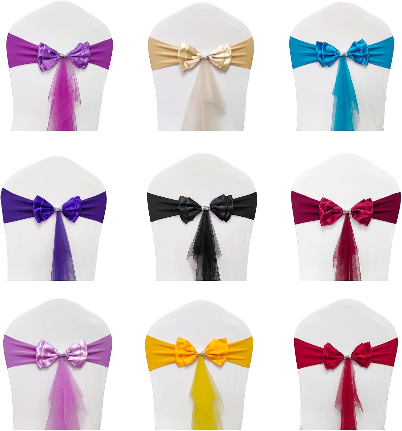 Bandas elásticas de elastano para decoración de sillas, bodas, fiestas, recepciones, banquetes, bandas elásticas con lazos dobles, organza flotante,