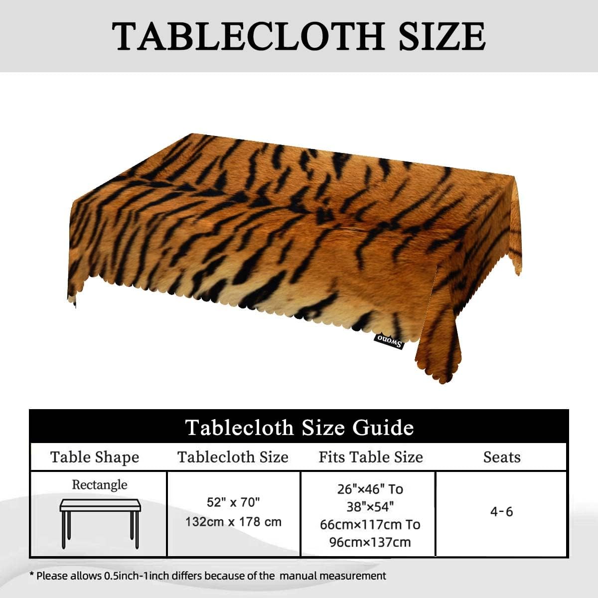 Swono Fundas de mesa con estampado de tigre de 52 x 70 pulgadas, color marrón y negro, mantel lavable para decoración de mesa de cocina, comedor,