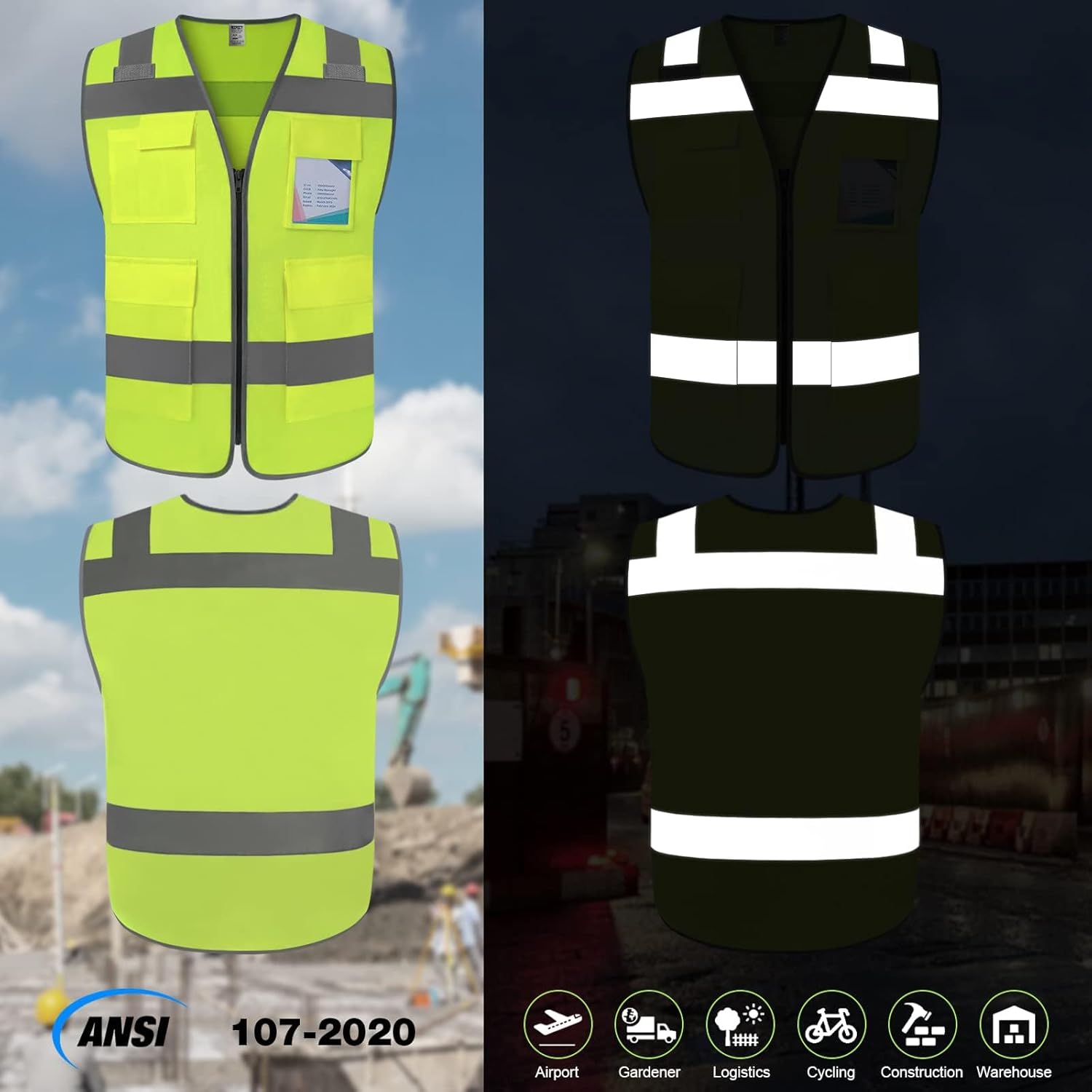 TCCFCCT Chaleco de seguridad reflectante de alta visibilidad con 5 bolsillos con cremallera, chaleco de trabajo Hi Vis, con tira horizontal para