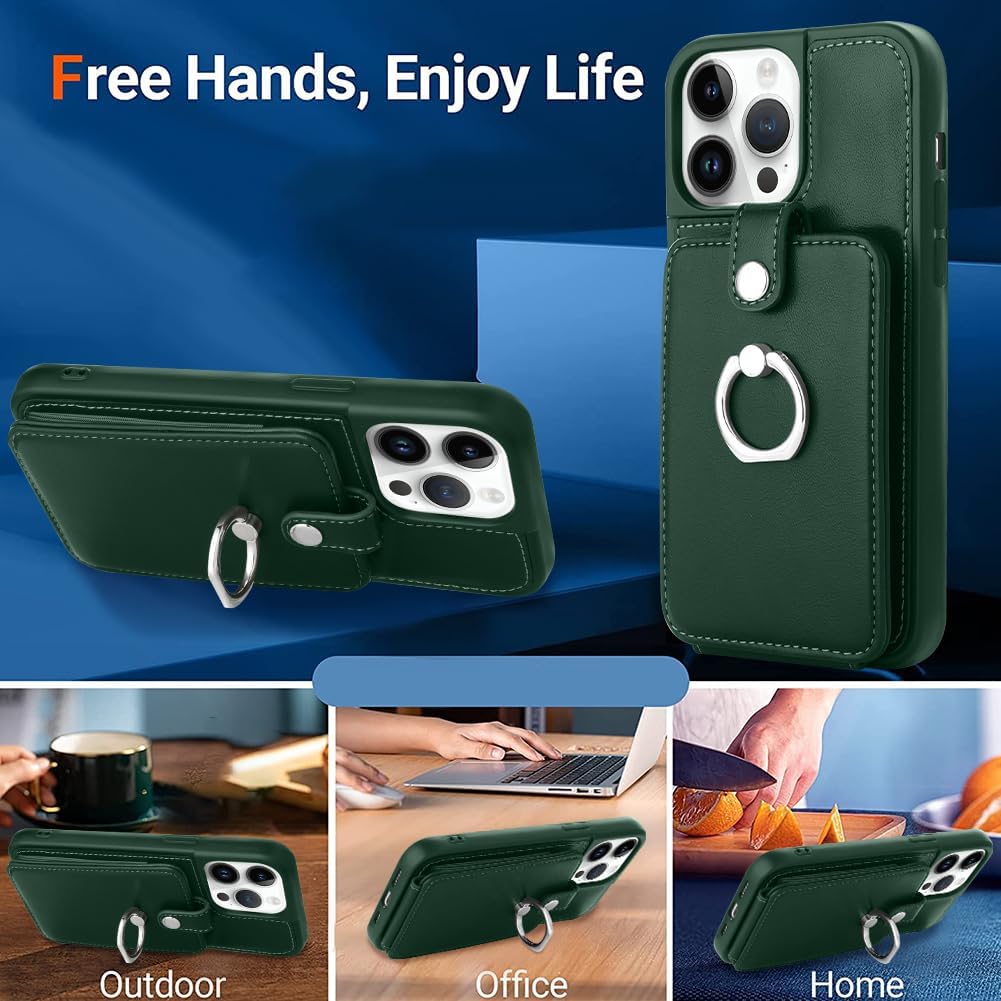 MZELQ Funda para iPhone 14 Pro Max, tarjetero y soporte de cuero con anillo mental para iPhone 14 Pro Max + protector de pantalla, ranura para