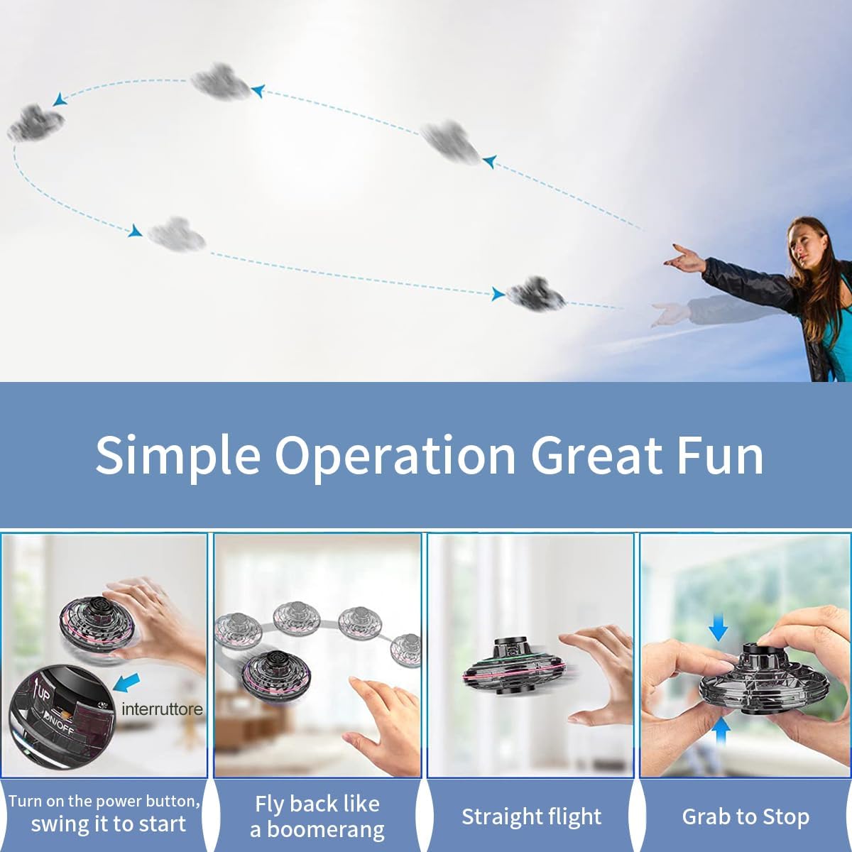 Flying I Fly Spinner, Fidget Spinner Juguetes Voladores, Mini Fly UFO Boomerang Dron controlado a mano, artículos geniales, regalos para niños,