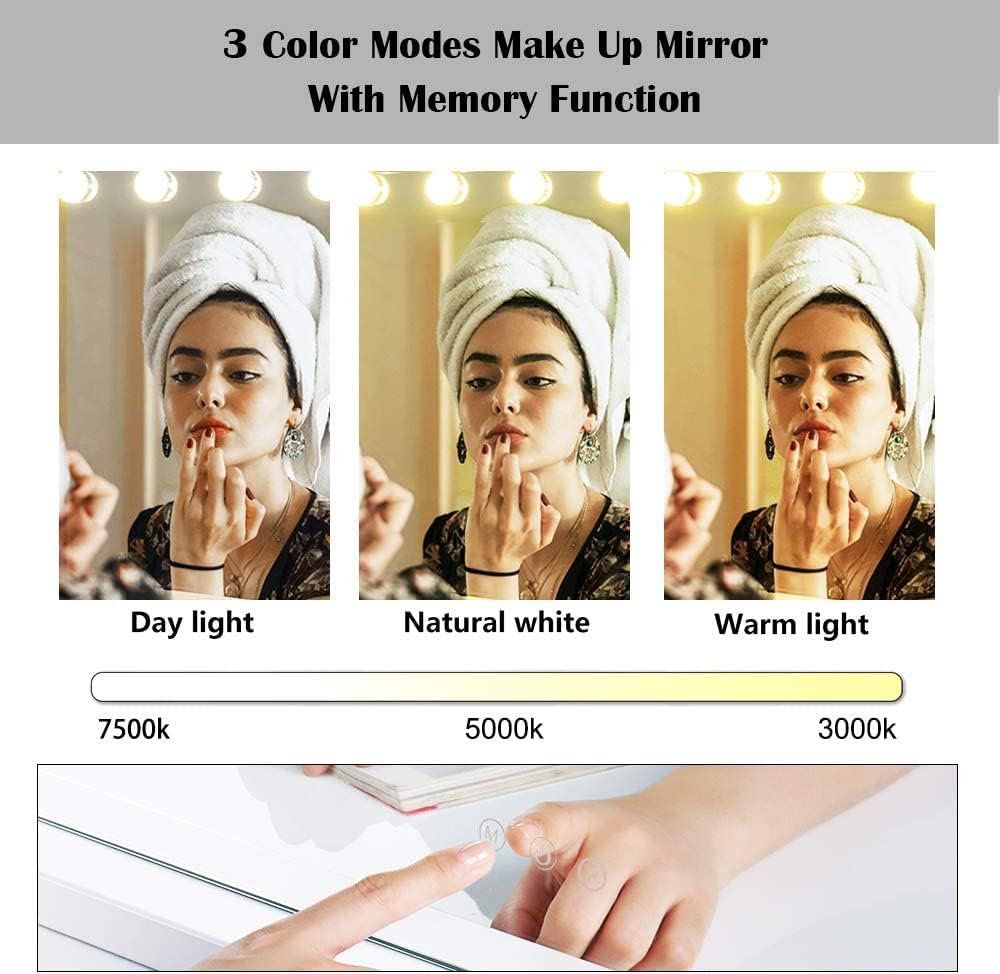 Espejo de maquillaje con luces, aumento de 10X, espejo de tocador grande iluminado Hollywood con 15 bombillas LED regulables, 3 modos de color,