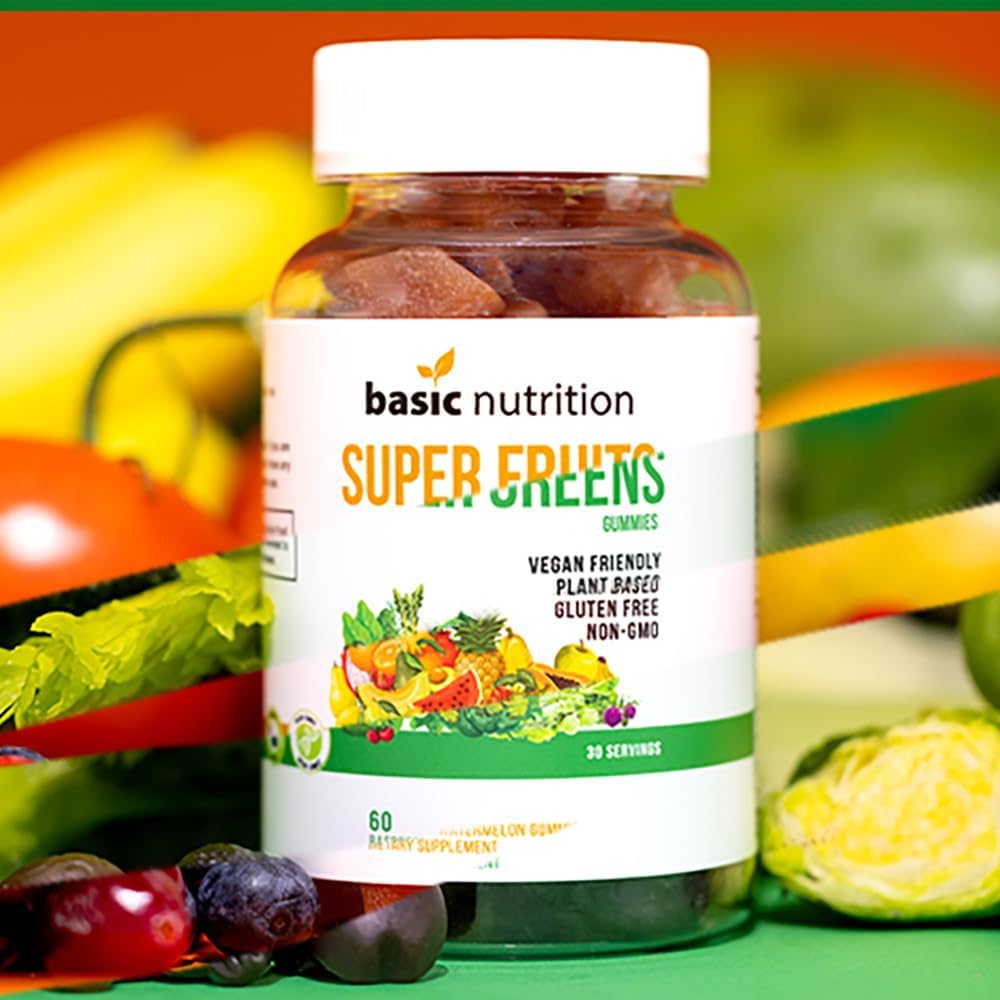 Basic Nutrition SuperFruits + SuperGreens – Paquete de gomitas  Vitaminas y minerales que promueven el colágeno para la belleza, la energía y la