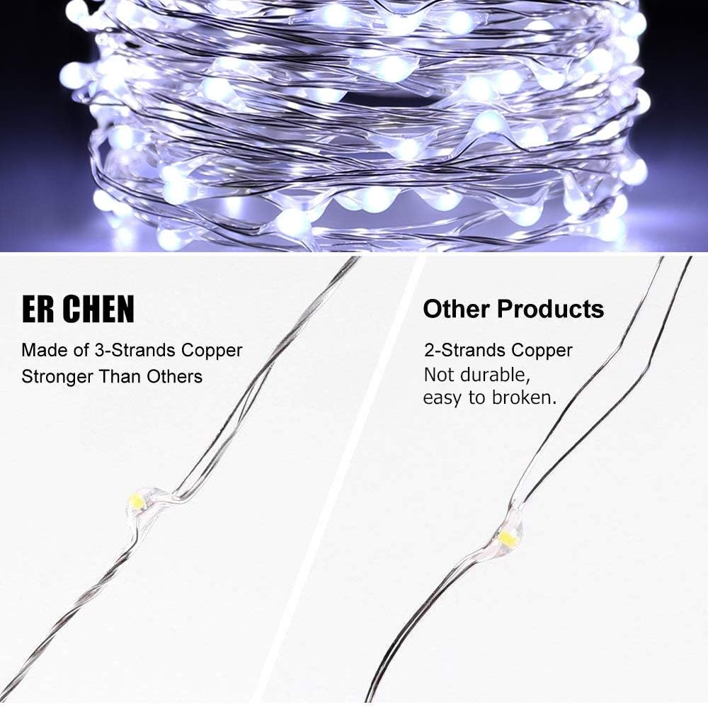ER CHEN 200 luces LED, luces de hadas impermeables que funcionan con pilas, con control remoto, 66 pies, 8 modos, alambre de cobre recubierto de
