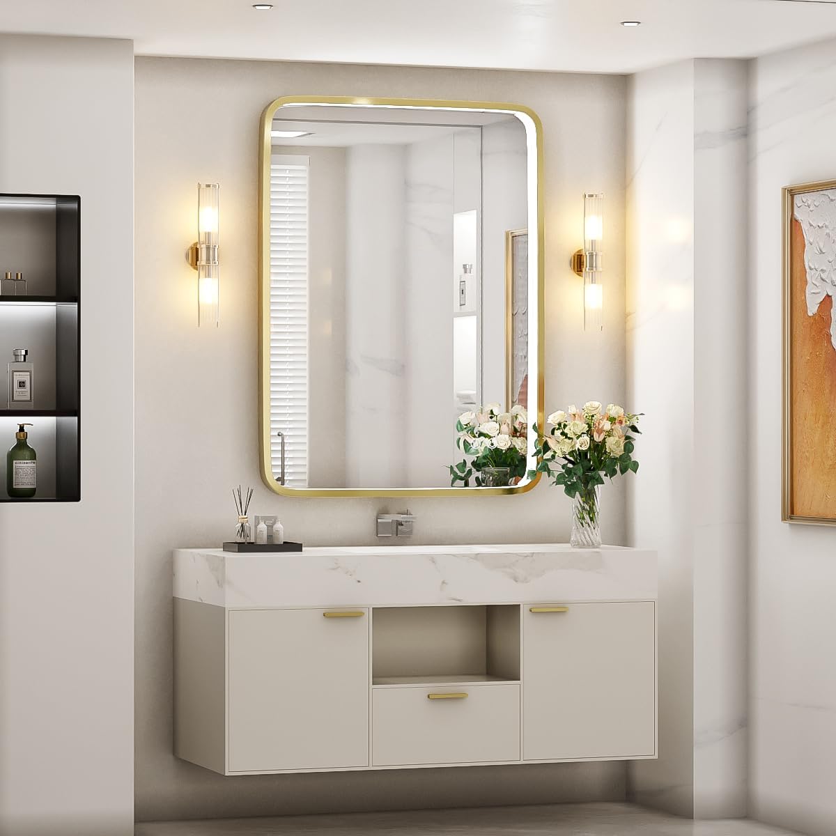Espejo de baño LED de 28 x 36 pulgadas con luces, espejos de tocador iluminados para montar en la pared con marco de metal dorado que no se oxida,